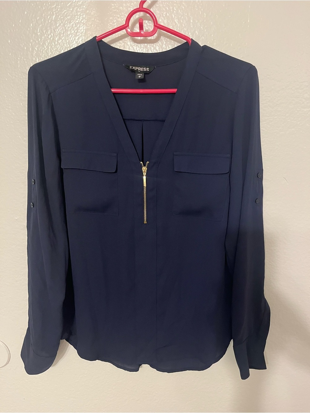 Express Navy Zip-Front V-Neck Long Sleeve Blouse